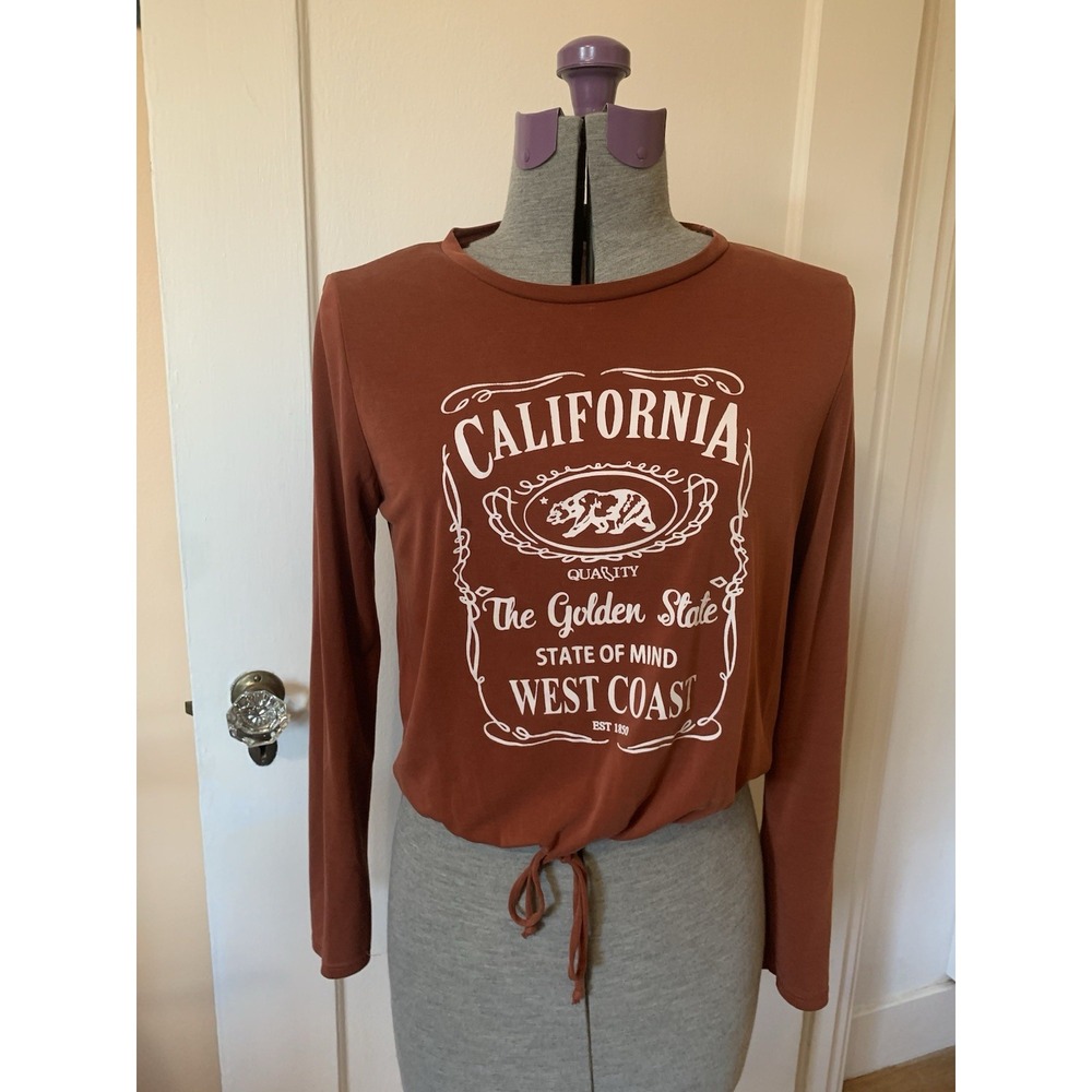 Ragdoll California The Golden State Long Sleeve Tie Front Top Rust Brown Medium